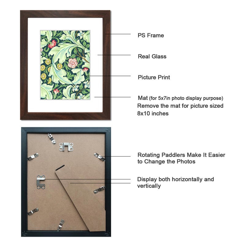 DEKWINN,8x10 Picture Frame with Real Glass for Pictures 5x7 with Mat or 8x10 Without Mat, Wall Gallery or Tabletop display Photo Frames,1 Pack,Brown - Image 3