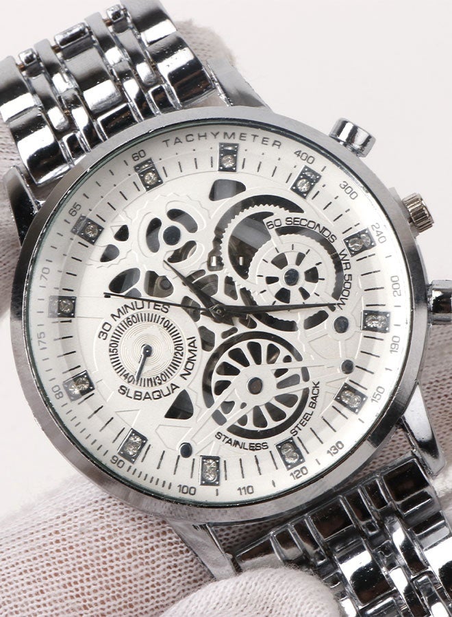 IK Men’s Silver Quartz Watch with White Openwork Dial and Metal Bracelet - Image 4