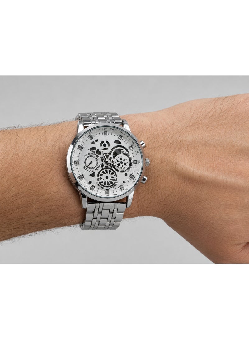 IK Men’s Silver Quartz Watch with White Openwork Dial and Metal Bracelet - Image 5