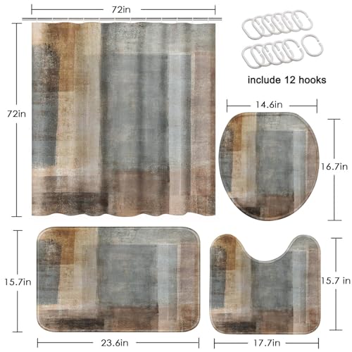 ArtSocket Beige Grey Abstract Bathroom Set with Shower Curtain and Rugs Accessory, Painting Brown Abstract Shower Curtain for Bathroom Decor 4 Pcs - Image 2