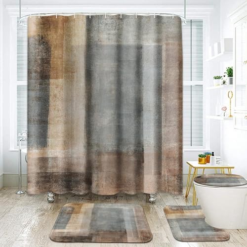 ArtSocket Beige Grey Abstract Bathroom Set with Shower Curtain and Rugs Accessory, Painting Brown Abstract Shower Curtain for Bathroom Decor 4 Pcs - Image 1