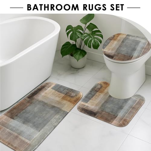 ArtSocket Beige Grey Abstract Bathroom Set with Shower Curtain and Rugs Accessory, Painting Brown Abstract Shower Curtain for Bathroom Decor 4 Pcs - Image 5