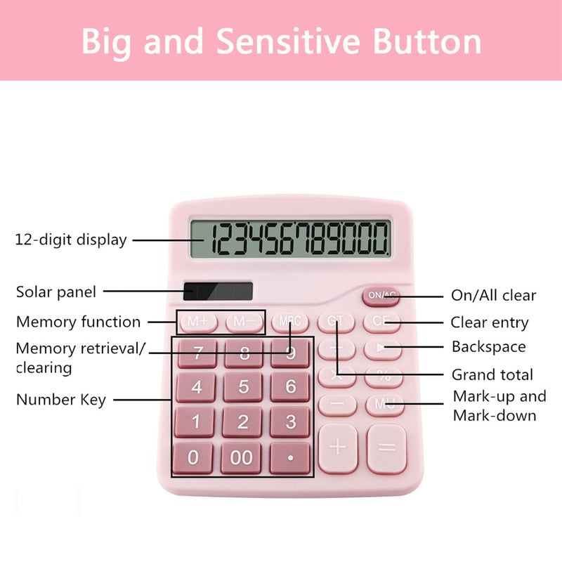 Podokas Office Calculators Desktop, 12-Digit Dual Power Cute Calculator with Large LCD Display Big Button for Office Home and School (Pink) - Image 2