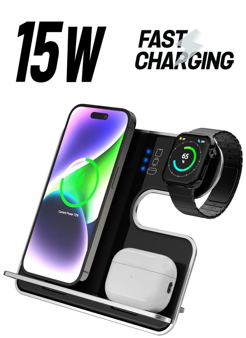 XVersion 3 in 1 Slim Wireless Fast Induction Charger Station,  15W Qi Multi-Device Charger Stand Station for Apple iPhone 15/14/13/12/Air pods/iWatch 1 Year Manufacturer Warranty – Black  - Image 1