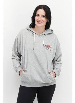 Women Hooded Printed Long Sleeve Sweatshirts, Melange Grey