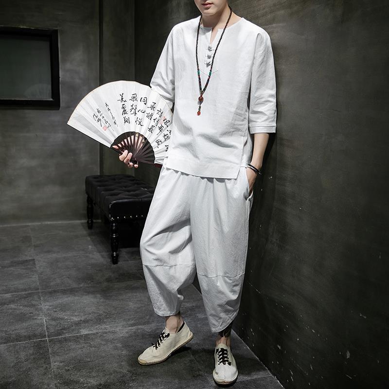 Mens Retro Chinese Style Tang Suit T-shirt Set White 