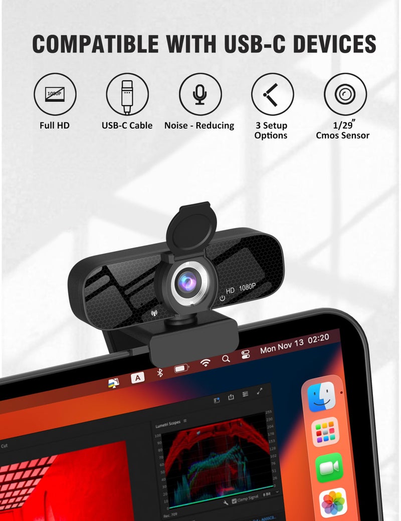 Tewiky Full HD Webcam with Built-in Microphone and Rotatable Tripod, 1080P Video and Wide Angle Camera, Privacy Cover, for Desktop PC or Laptop Computer - Image 4