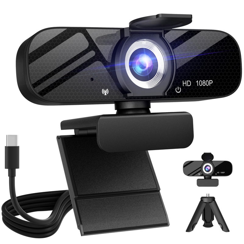Tewiky Full HD Webcam with Built-in Microphone and Rotatable Tripod, 1080P Video and Wide Angle Camera, Privacy Cover, for Desktop PC or Laptop Computer - Image 1