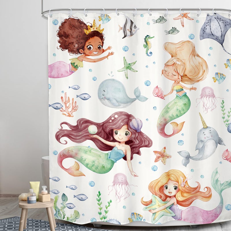 Lghtyro Kids Ocean Ocean Mermaid Startain Stain Set 60wx71h Inves Underwater Cartoon Sea Animals Cute Whale Starfish Funder Sealife Bath Association Baby Girls Art Decor Decor - Image 3