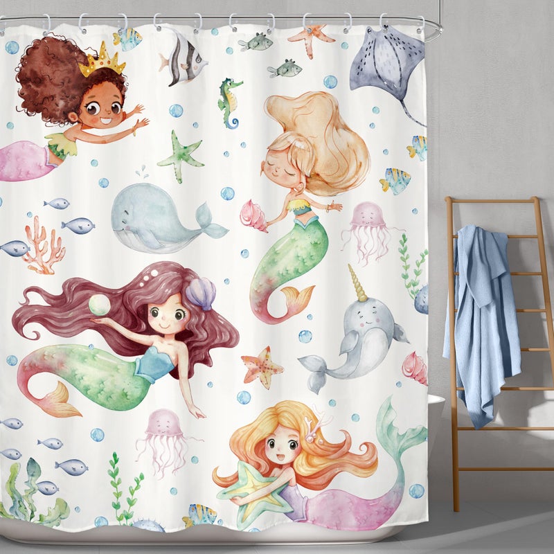 Lghtyro Kids Ocean Ocean Mermaid Startain Stain Set 60wx71h Inves Underwater Cartoon Sea Animals Cute Whale Starfish Funder Sealife Bath Association Baby Girls Art Decor Decor - Image 2