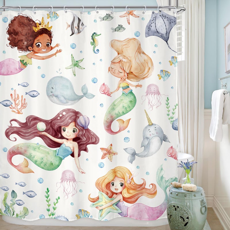 Lghtyro Kids Ocean Ocean Mermaid Startain Stain Set 60wx71h Inves Underwater Cartoon Sea Animals Cute Whale Starfish Funder Sealife Bath Association Baby Girls Art Decor Decor - Image 1