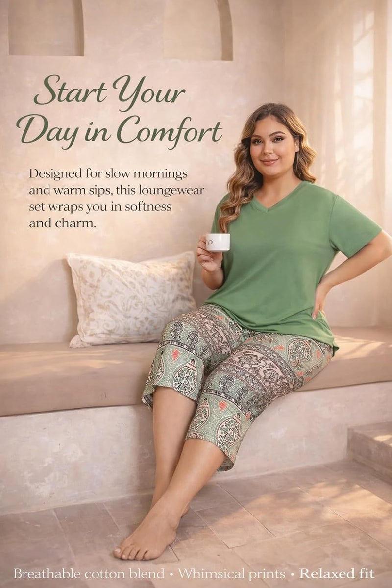 Celary Women Cotton Nightwear Set | Short Sleeve Top & Printed Capri Pajama Set | Soft, Breathable Sleepwear for Ladies | Also Available in Plus Size - Image 4