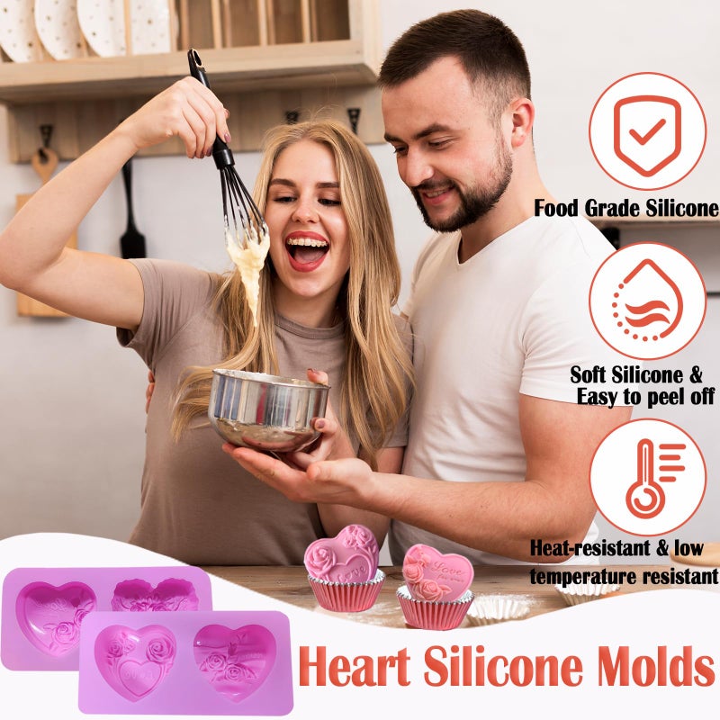 Foaryoer 2 Pcs Heart Soap Molds,3D Embossed Rose Heart Silicone Chocolate Molds Valentine Silicone Molds for DIY Valentine Chocolates, Candy,Muffins,Candle, Soap Cake Decoration - Image 4