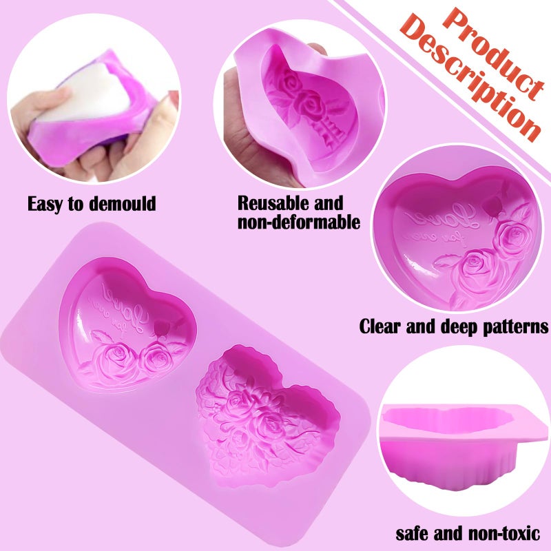 Foaryoer 2 Pcs Heart Soap Molds,3D Embossed Rose Heart Silicone Chocolate Molds Valentine Silicone Molds for DIY Valentine Chocolates, Candy,Muffins,Candle, Soap Cake Decoration - Image 3