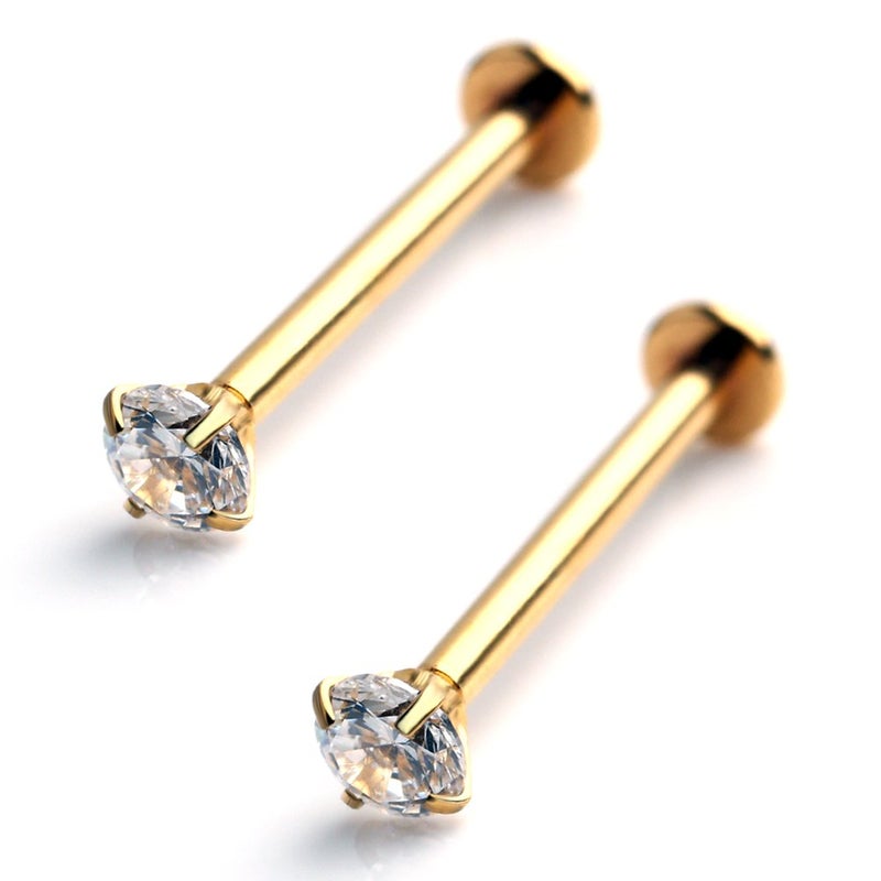 Ruifan 2PCS Clear Cubic Zirconia Tongue Labret Cheek Ring Piercing Retainer 14 Gauge 9/16" 14mm - Gold