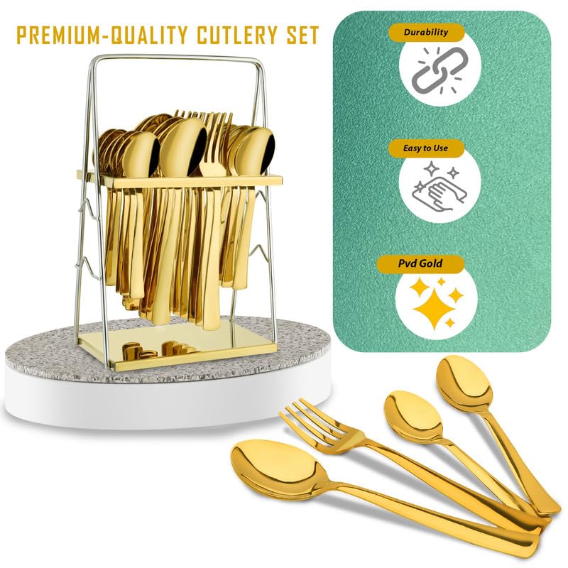 Parage 25 Pieces Regal Cutlery Set Premium Stainless Steel with Stand (Contains: 6 Table Fork, 6 Table Spoon, 6 Dinner Spoon, 6 Tea Spoon, 1 Cutlery Stand) Spoon Set for Dining Table Stylish - Image 4