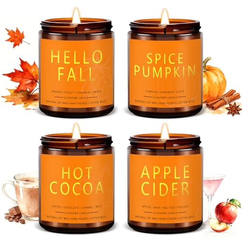 slashome Fall Candles Set | 4 Pack Candles for Home Scented Natural Soy Wax, Autumn Gifts Set for Women Men, Fall Fragrance of Hellofall, Spice Pumpkin, Apple Cider, Hot Cocoa - Image 1