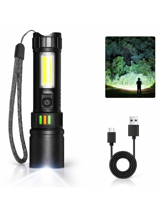 USB Rechargeable LED Flashlight with COB Work Light, High Brightness Portable Torch, Waterproof Emergency Handheld Light for Outdoor Camping, Hiking, Power Outage & Repair Work