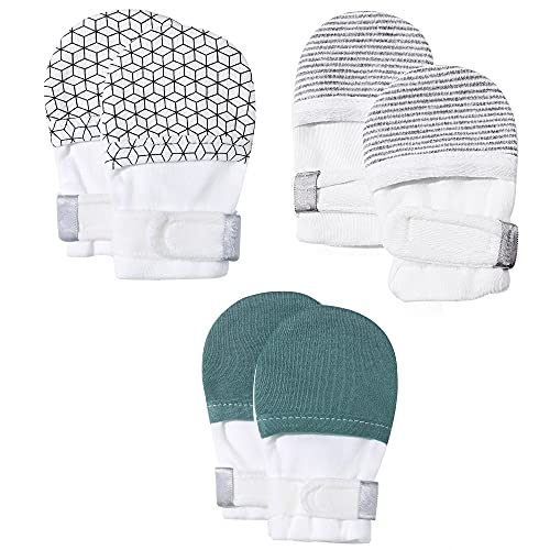 HAPIU Baby Mitten,3 Pack, Geometry&Grey Stripe&Emerald, 0-3 Months - Image 1