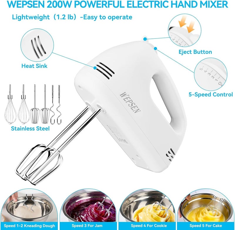 WEPSEN Hand Mixer Electric Mixing Bowls Set, 5 Speeds Handheld Mixer with 4 Nesting Stainless Steel Mixing Bowl, Measuring Cups Spoons 200W Kitchen Blender Whisk Beater Baking Supplies For Beginner - Image 3