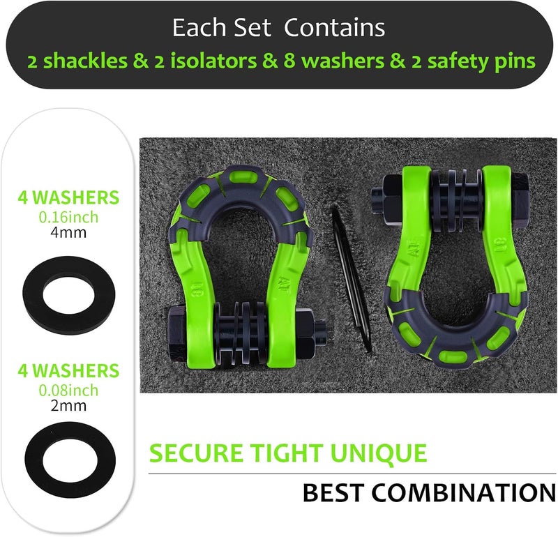 AMBULL Shackles Upgrade 3/4" D Ring Shackle (2 Pack) 70,000 lbs Break Strength with 7/8" Pin, Isolator and Washer Kits for Use with Tow Strap, Winch, Off-Road Truck Vehicle Recovery, Green - Image 4