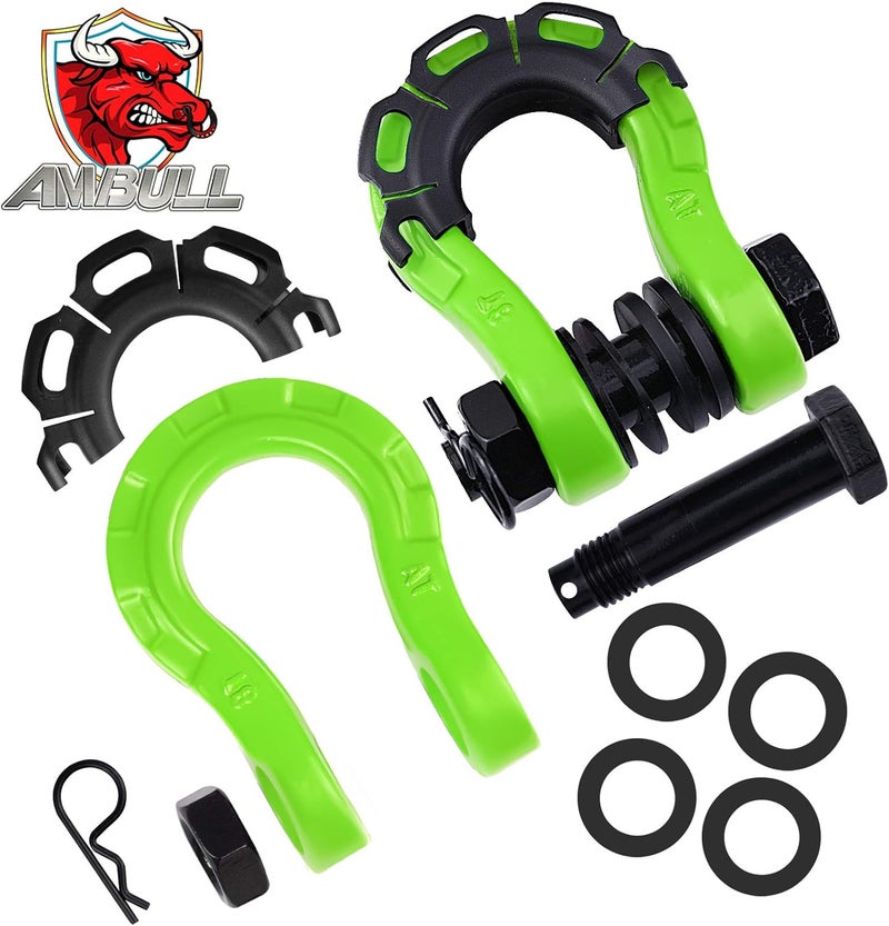 AMBULL Shackles Upgrade 3/4" D Ring Shackle (2 Pack) 70,000 lbs Break Strength with 7/8" Pin, Isolator and Washer Kits for Use with Tow Strap, Winch, Off-Road Truck Vehicle Recovery, Green - Image 2