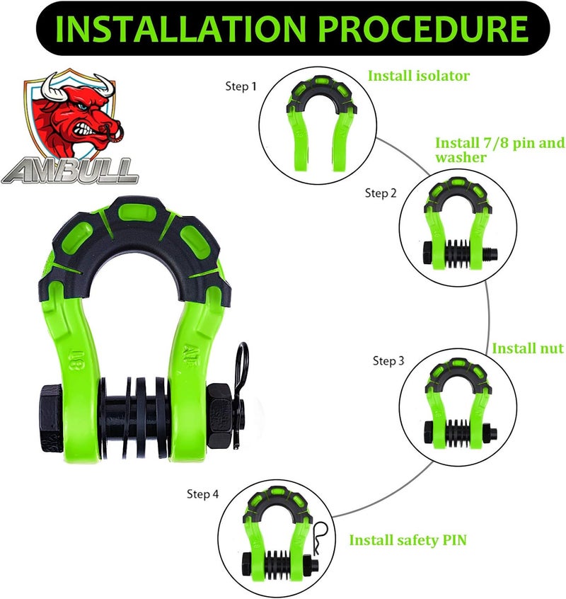 AMBULL Shackles Upgrade 3/4" D Ring Shackle (2 Pack) 70,000 lbs Break Strength with 7/8" Pin, Isolator and Washer Kits for Use with Tow Strap, Winch, Off-Road Truck Vehicle Recovery, Green - Image 5