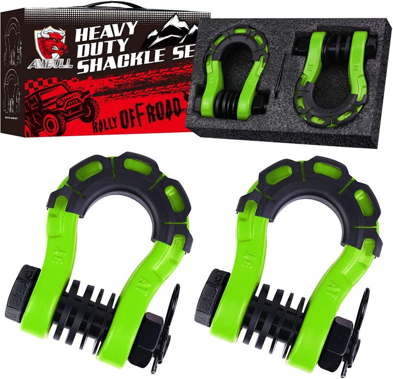 AMBULL Shackles Upgrade 3/4" D Ring Shackle (2 Pack) 70,000 lbs Break Strength with 7/8" Pin, Isolator and Washer Kits for Use with Tow Strap, Winch, Off-Road Truck Vehicle Recovery, Green - Image 1