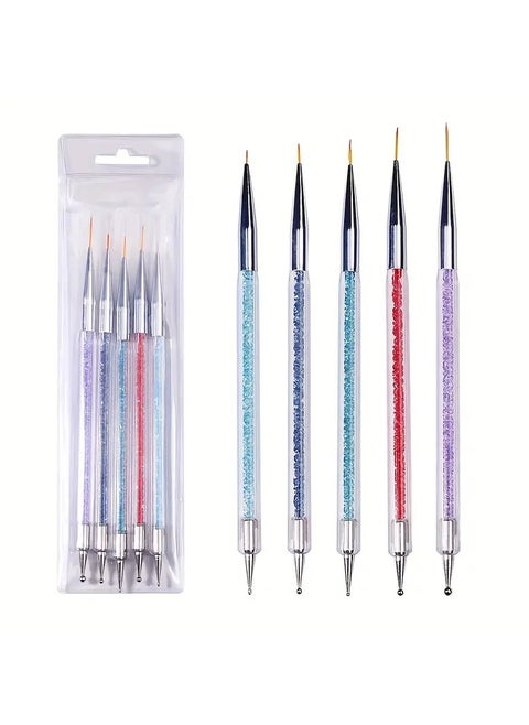 5 pcs Double-Ended Nail Art Brush Set with Liner, Detail, and Dotting Pens for Salon-Quality Manicures at Home