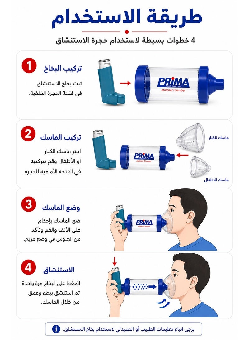 بريما حجرة استنشاق للبخاخ مع ماسك للكبار والأطفال، تصميم خفيف الوزن، متوافقة مع بخاخات MDI الشائعة - Image 3