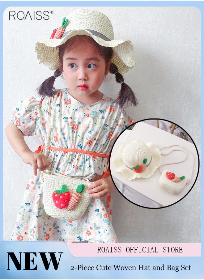 roaiss - 2-Piece Summer Children's Sunshade Hat Beach Sunscreen Straw Hat Straw Woven Fisherman'S Hat Purse Set Travel Holiday Lovely Hat Satchel - Image 1