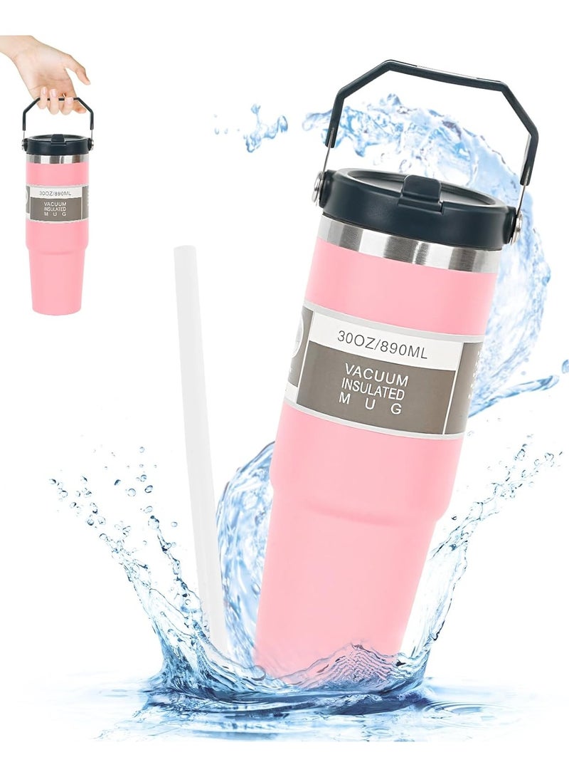 بيتشو كوب بهلوان، كوب معزول بالفراغ، كوب من الفولاذ المقاوم للصدأ مع غطاء وقش للشاي المثلج أو عصير القهوة والمزيد 30oz وردي - Image 3