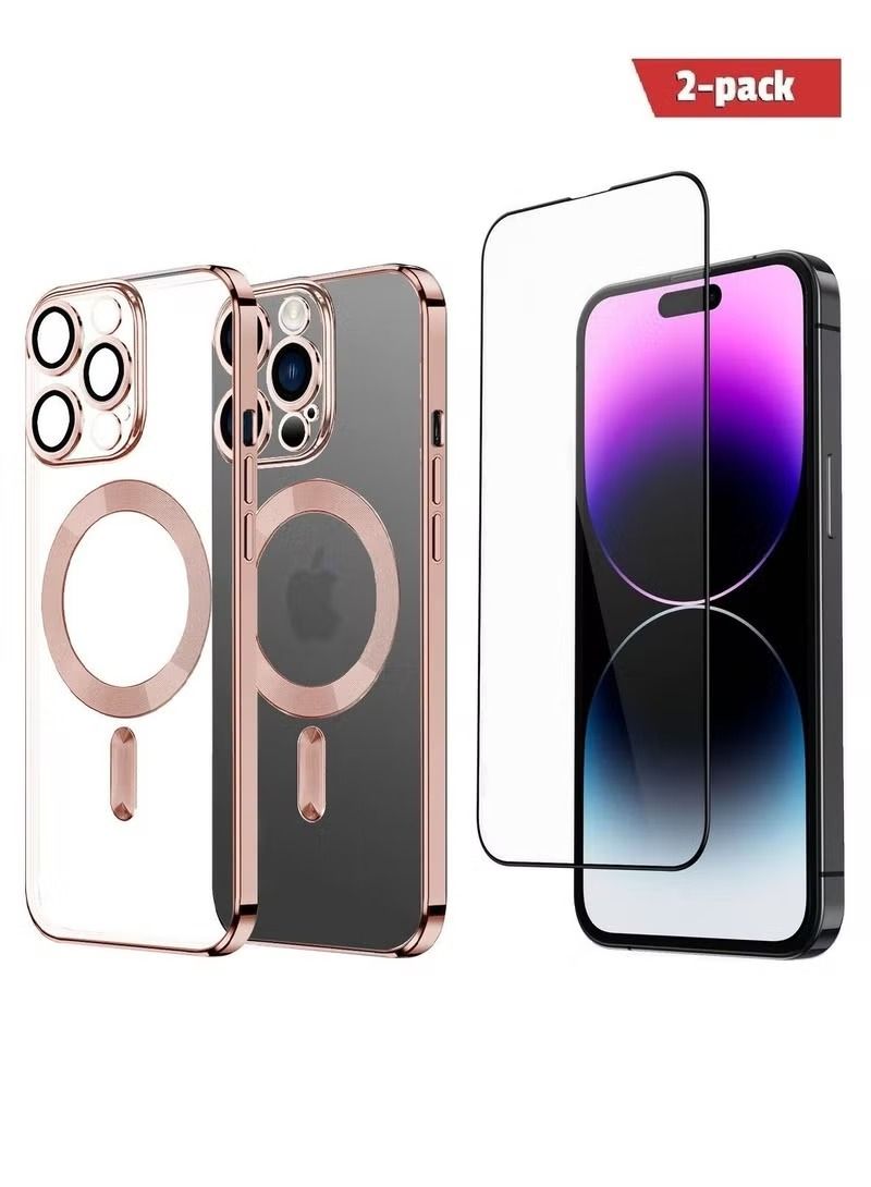 Zaboon 2Pack for iPhone 14 Pro Max Magsafe Case and Screen Protector Clear Electroplating Frame Wireless Charging Cover with Tempered Glass Rose Gold/Clear - Image 1