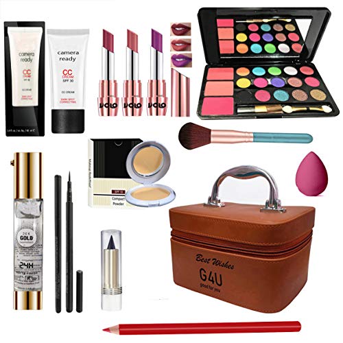 G4U All In One Makeup Kit (3 Lipstick,1 EyeShadow,1 CC Cream, Compact,Primer,Pen Liner,Kajal, Lip Liner, 1 Makeup Brush,1 Makeup Puff,1 Multi-purpose Makeup Box) Light Purple Pack of 13 Pcs. - Image 1