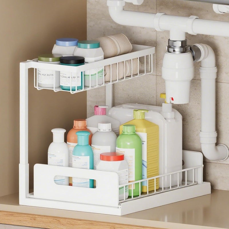 VUSIGN 2 Tier Under Sink Organizer and Storage, Slide Out Pull Out Cabinet Organizer Shelf, Storage for Kitchen Bathroom Laundry, 1Pack, White - Image 1