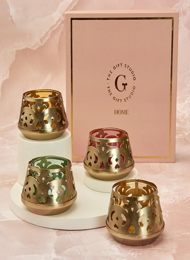 THE GIFT STUDIO.COM Metal Ornate Cutwork T-Light Holder Set, 4-Piece Gold Cutwork Design - Image 1