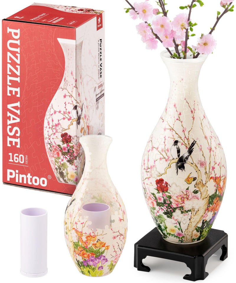 Pintoo 3D Translucent Puzzle for Adults 160 Piece Flower Vase - Flowers and Birds - Free Detachable Water Cup Included Plastic Translucent Curved Puzzle Pieces No Glue Required [S1035] - Image 1