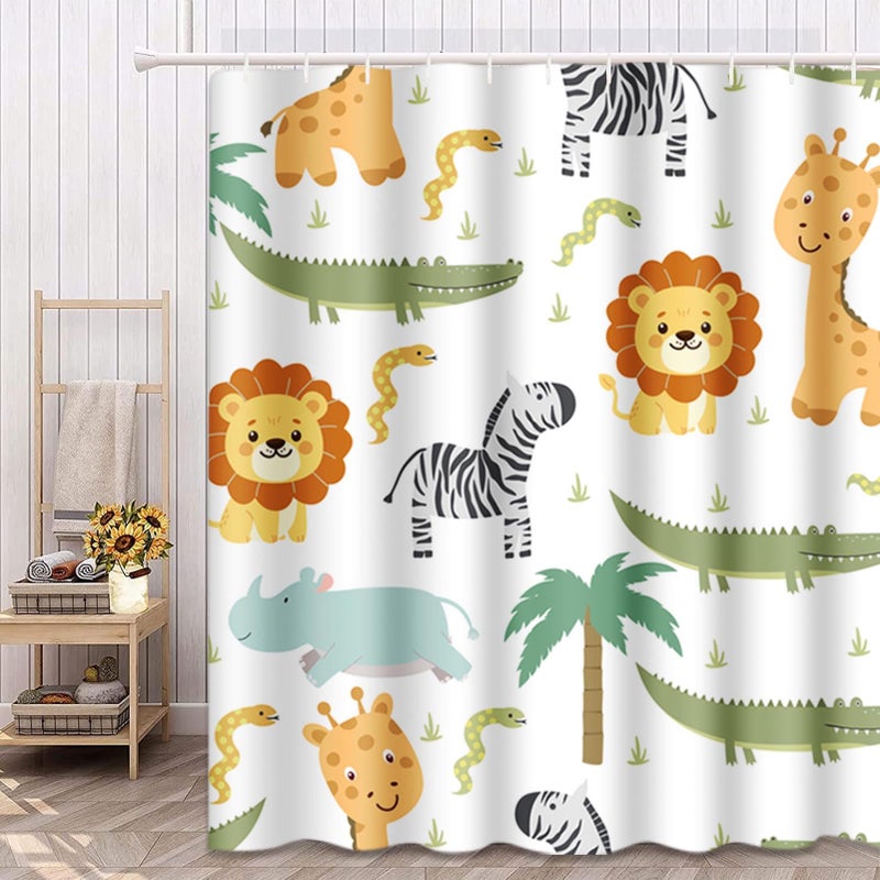 Emvency Shower Curtain Safari Animals with Cute Hippo Crocodile Lion Elephant and Giraffe in Childish Style Waterproof Polyester Fabric 72 x 72 inches Set with Hooks - Image 1