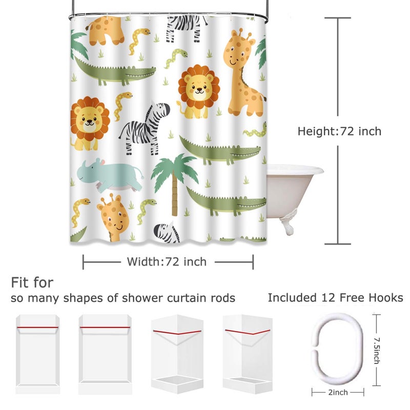 Emvency Shower Curtain Safari Animals with Cute Hippo Crocodile Lion Elephant and Giraffe in Childish Style Waterproof Polyester Fabric 72 x 72 inches Set with Hooks - Image 2