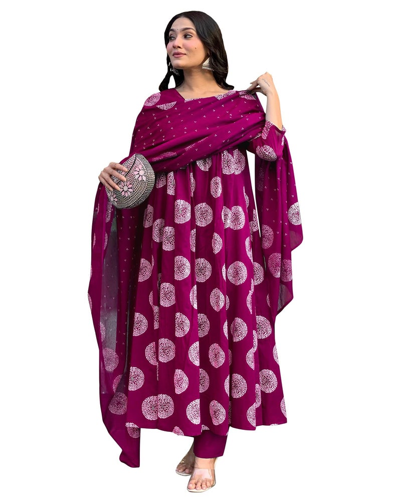 Toochki Kurti Set for Women | Anarkali Fit & Flared Kurtas for Women's | Cotton Kurtis for Woman | Kurta with Palazzo & Dupatta | Ethnic Salwar Suits Sets Dark Pink - Image 1
