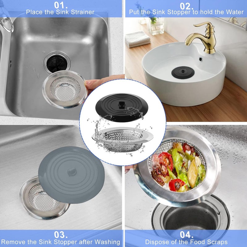 V-TOP Sink Strainer Stopper 4 Pack, Universal Silicone Kitchen Sink Drain Strainer Cover Plug Stopper Kit, 4.5 Inch Stainless Steel Sink Filter Strainer, Food Catcher for Kitchen Sink - Image 5