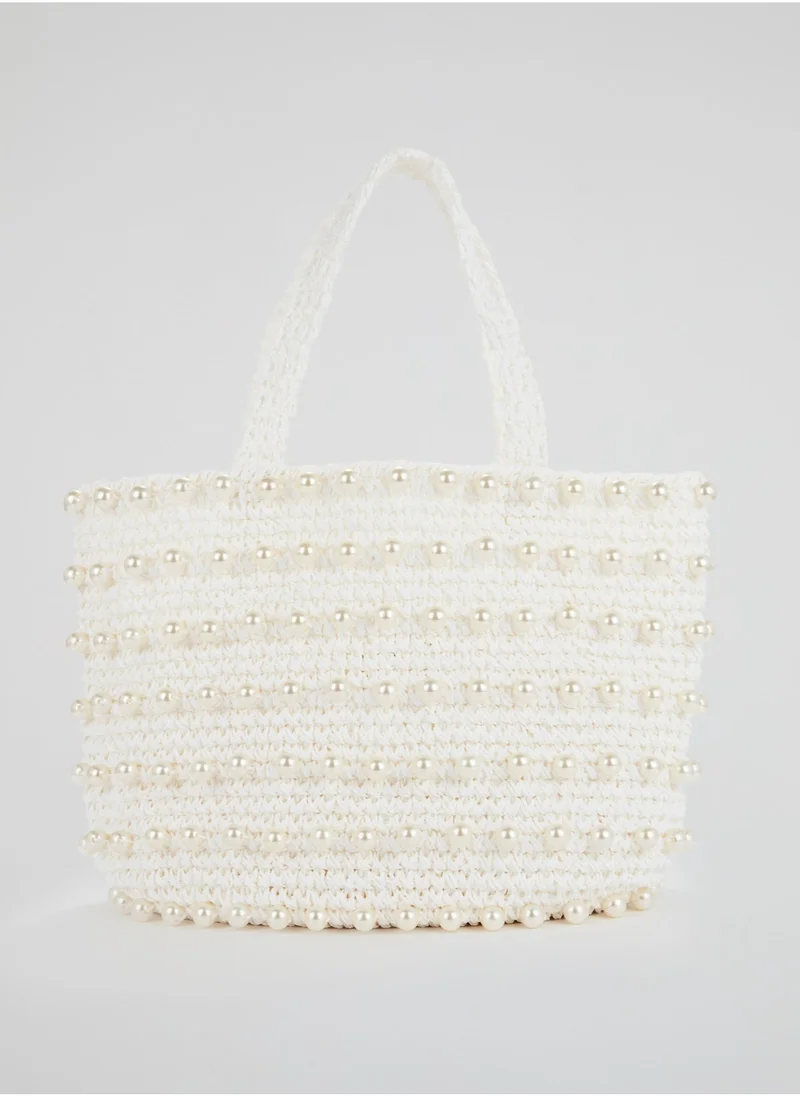 0711 Tbilisi White Malibu Pearl Embellished Beach Bag