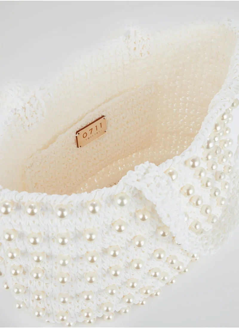 0711 Tbilisi White Malibu Pearl Embellished Beach Bag