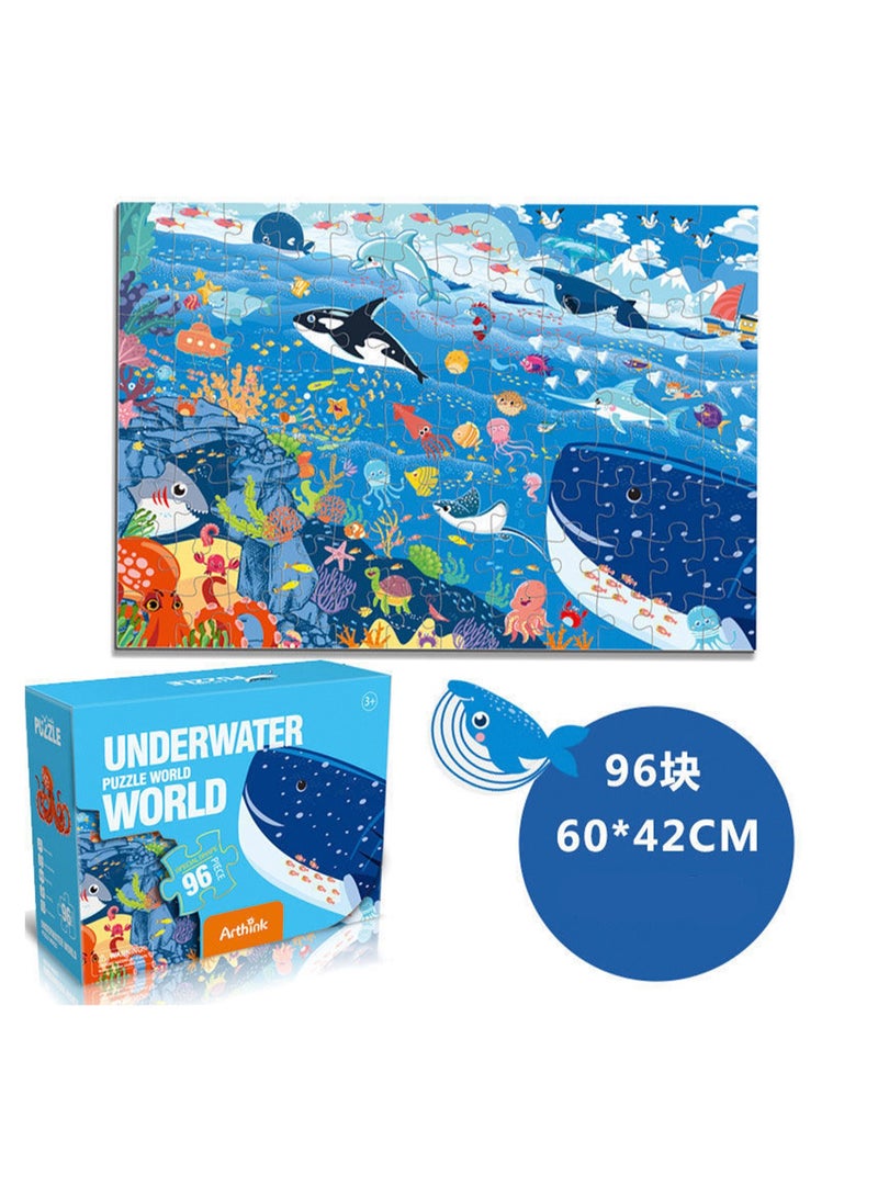 Cute Cartoon Children'S Jigsaw Puzzle Educational Toys, Children'S Gifts Birthday Sharing Souvenirs Gift Box Jigsaw Puzzle Educational Toys Kindergarten Gifts, Suitable For Children Over Three Years Old To Play (96 Pieces Of Ocean World) - Image 1