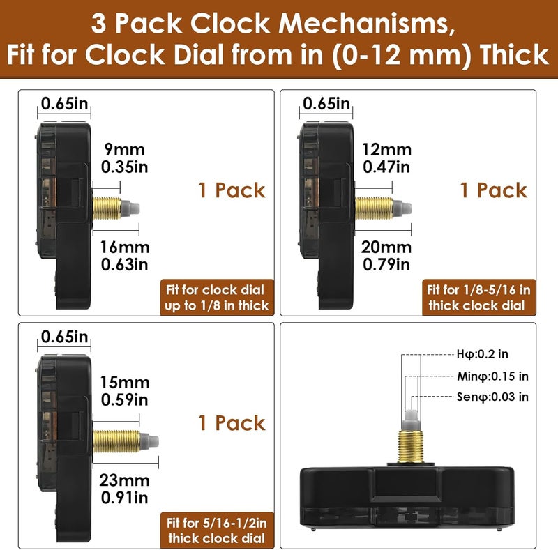 Toughwild 3PCS Clock Mechanism Kit, Quartz Clock Movement Replacement with 8 Pairs of Short Clock Hands, Battery Clock Replacement Mechanism Include Clock Hands DIY Repair Parts (Total Shaft Length 16/20/23mm) - Image 3