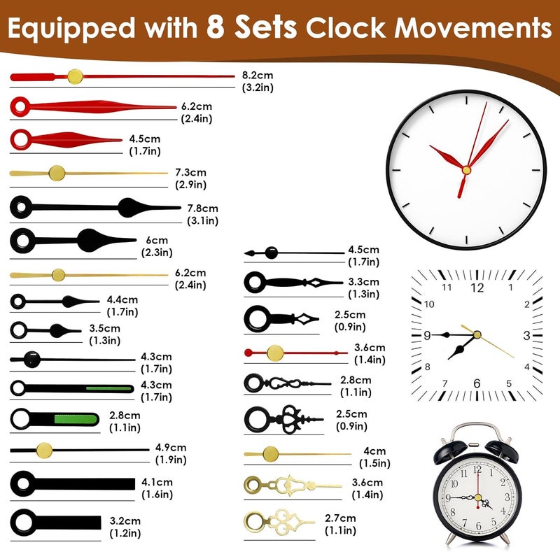 Toughwild 3PCS Clock Mechanism Kit, Quartz Clock Movement Replacement with 8 Pairs of Short Clock Hands, Battery Clock Replacement Mechanism Include Clock Hands DIY Repair Parts (Total Shaft Length 16/20/23mm) - Image 2