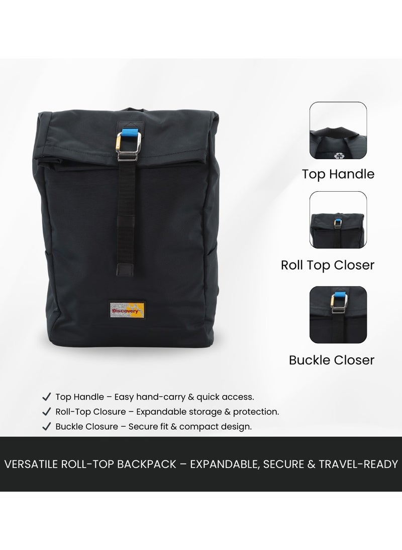 Discovery ICON Roll Top 15L Backpack Black, Durable Lightweight Multi Compartment Travel Bag, Padded Laptop/Tablet Pocket RFID, Adjustable Strap With Luggage Fix Strap, Men Women School Outdoor - pzsku/Z618702EACFD280F9E4F8Z/45/_/1739530276/7f8e55c9-6db1-415d-ac02-16f59cfde5f1