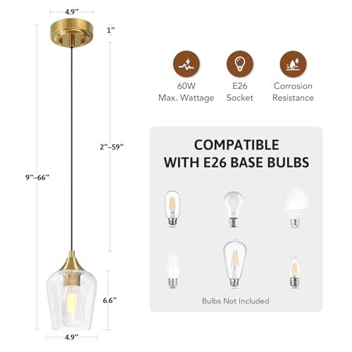 VONLUCE Pendant Lights Kitchen Island, Brushed Gold Pendant Light Fixtures with E26 Base & Adjustable Cable, Modern Pendant Lighting with Glass Shade for Living Room Bedroom Hallway, 3 Packs - Image 5