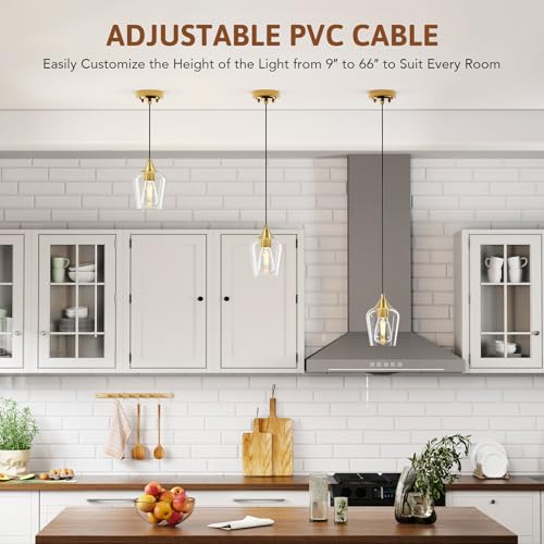 VONLUCE Pendant Lights Kitchen Island, Brushed Gold Pendant Light Fixtures with E26 Base & Adjustable Cable, Modern Pendant Lighting with Glass Shade for Living Room Bedroom Hallway, 3 Packs - Image 2