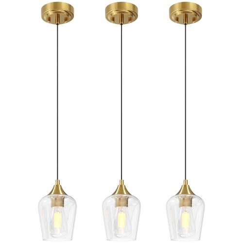 VONLUCE Pendant Lights Kitchen Island, Brushed Gold Pendant Light Fixtures with E26 Base & Adjustable Cable, Modern Pendant Lighting with Glass Shade for Living Room Bedroom Hallway, 3 Packs - Image 1
